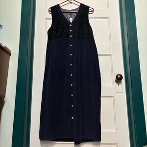 Jumper Dress Corduroy Plaid Navy/Green Button 100% Cotton**